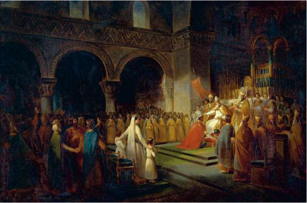 Kroning van Pepijn de Korte door paus Stefanus II in de basiliek van Saint-Denis op 28 juli 754. Schilderij van François Dubois (1837). Versailles, châteaux de Versailles et de Trianon.
