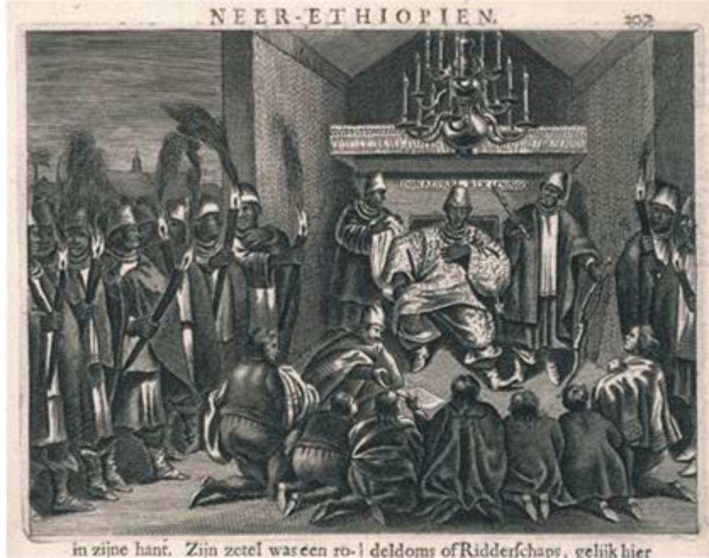 Een Hollandse delegatie buigt voor koning Don Alvaro in 1641.