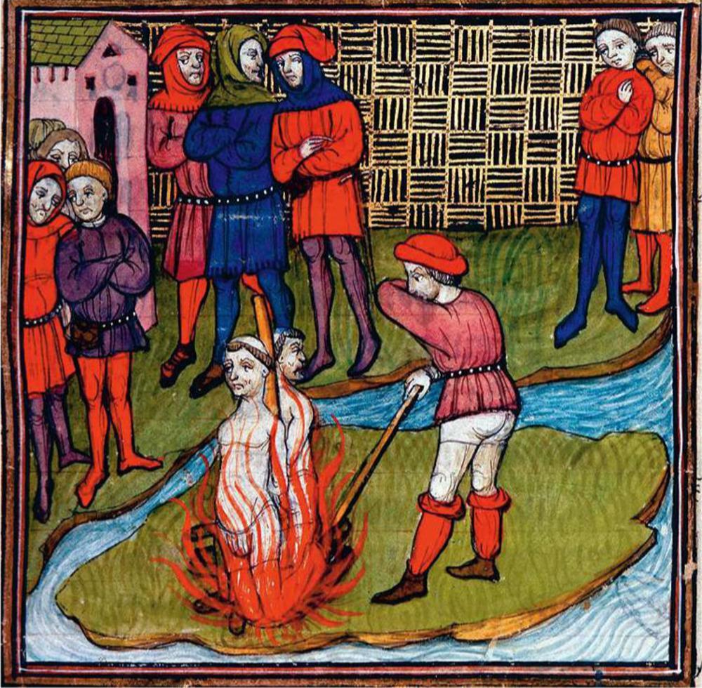 Jacques de Molay, grootmeester van de Tempelorde, wordt op 18 maart 1314 op de brandstapel terechtgesteld. Anonieme miniatuur uit de Chroniques de France ou de Saint-Denis.