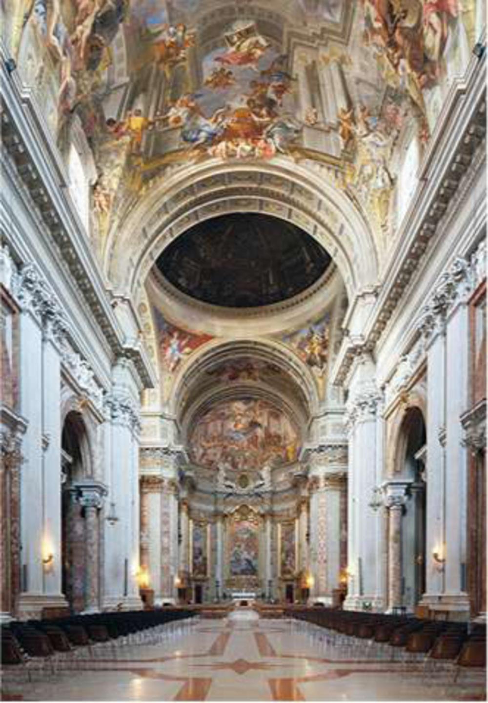 De middenbeuk van de Sant'Ignaziokerk in Rome, gebouwd in de 17de eeuw, heeft een plafond met een beroemd fresco in trompe-l'oeil, geschilderd door Andrea Pozzo: de Triomf van de heilige Ignatius van Loyola.