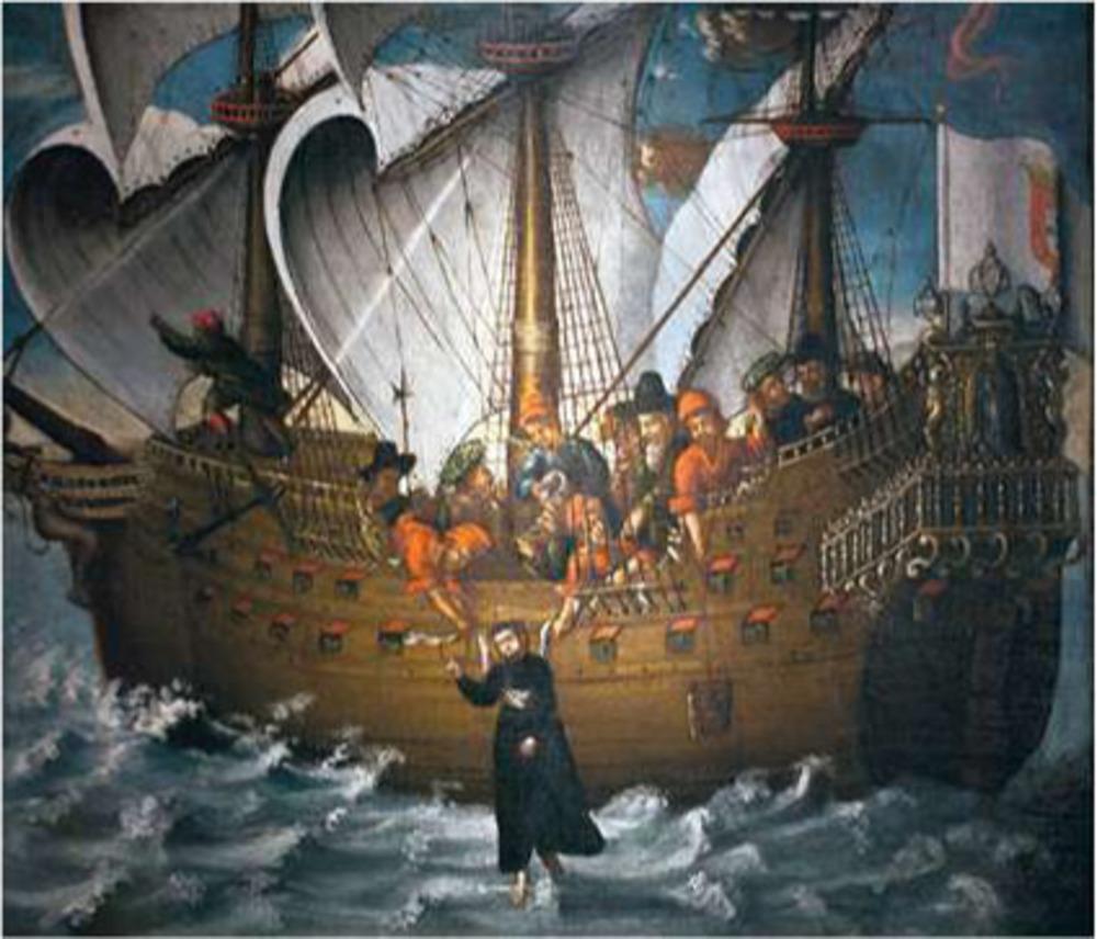 Franciscus Xaverius verricht een wonder in Japan, omstreeks 1549, anoniem schilderij. Lissabon, Museu de Marinha.