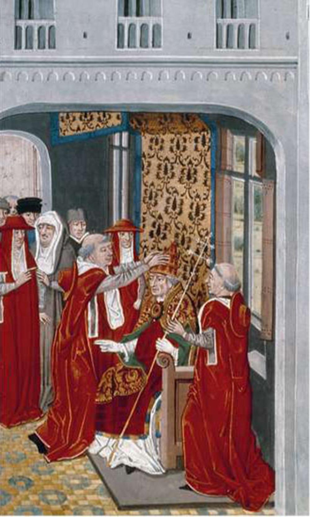 Pauskroning van Gregorius XI in Avignon in 1370, miniatuur uit de Chroniques van Jean Froissart (1408) Peñíscola, waar tegenpaus Benedictus XIII zich terugtrok van 1415 tot aan zijn dood in 1423