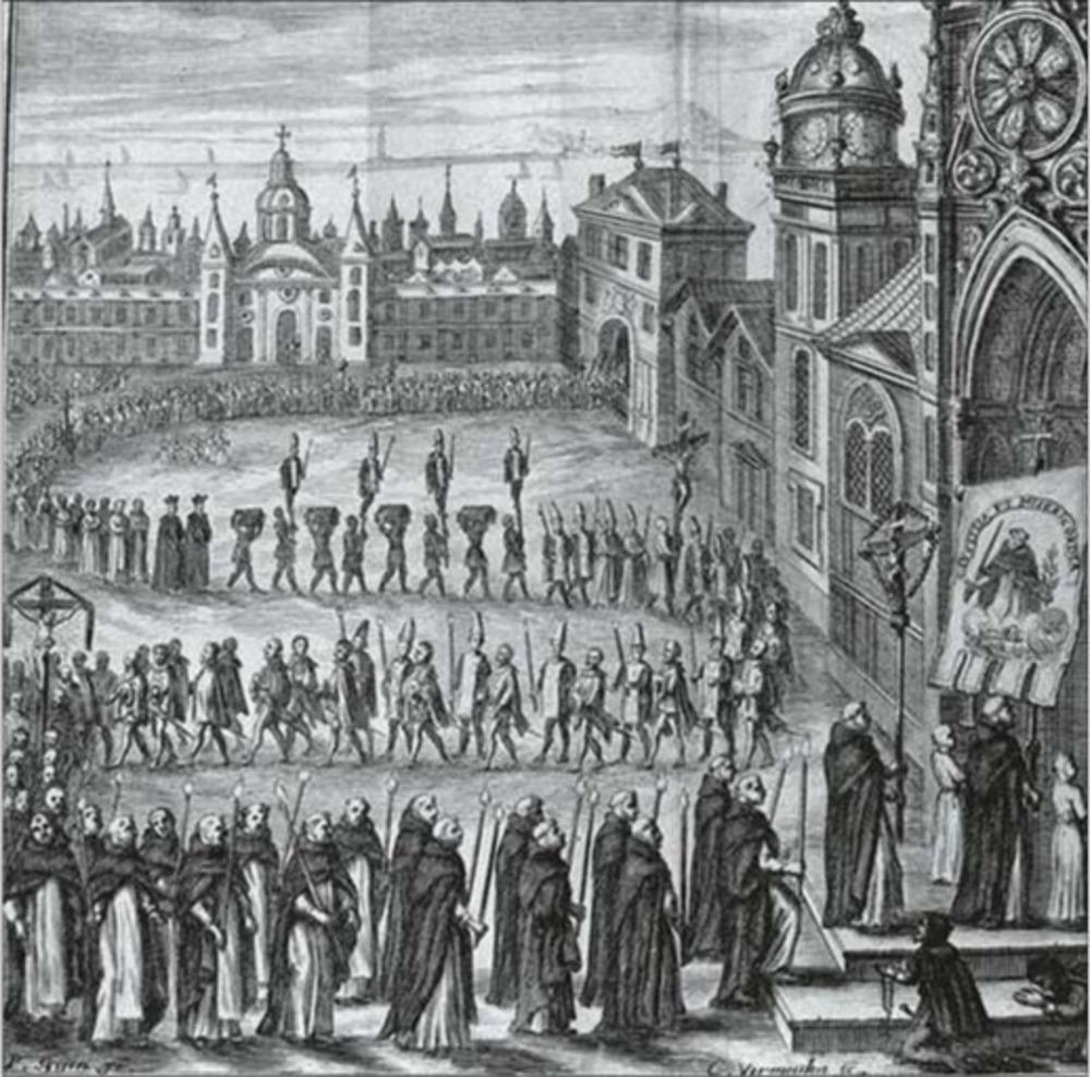 De inquisitiestoet trekt naar de recht-bank. Gravure, Spanje, 17de eeuw.