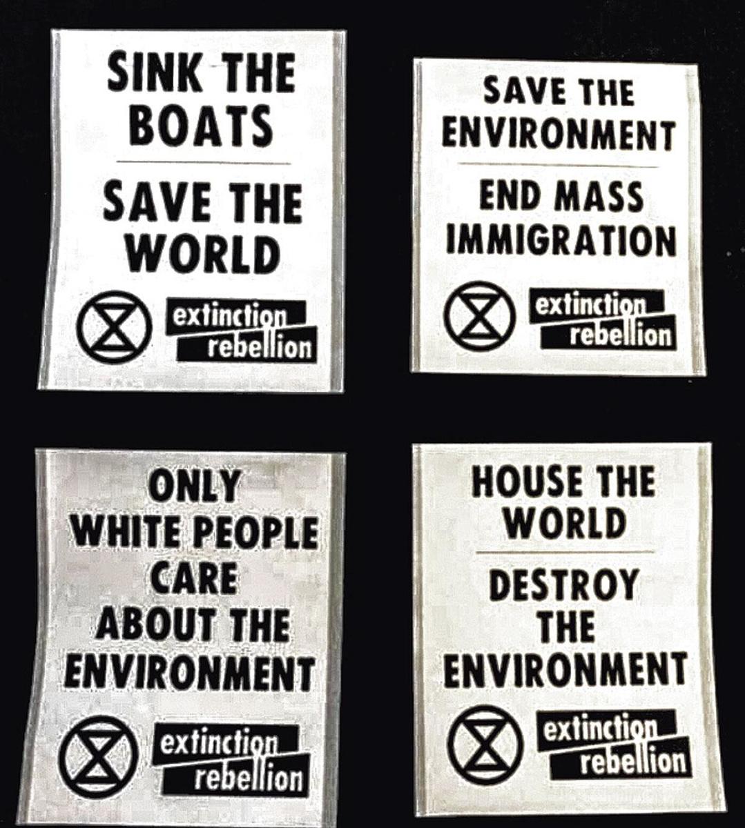 Enkele voorbeelden van vervalste Extinction Rebellion-stickers