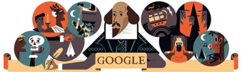 Ook Google eerde het 400-jarig oeuvre van Shakespeare. Zoekbalktekening uit 2016.