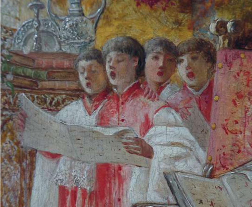 Zingende koorknapen geschilderd door Antonio Rivas (1845-1911). (Veiling 1fstdibs)
