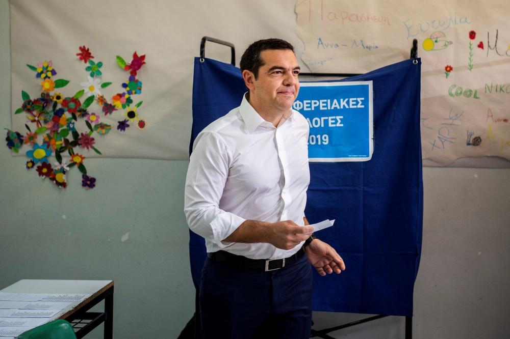 De Griekse premier Alexis Tsipras brengt zijn stem uit, 26 mei 2019