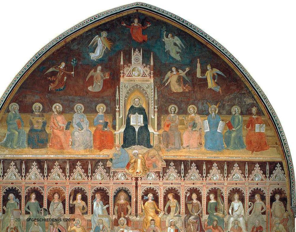 'De triomf van de ware leer' in de Florentijnse Santa Maria Novella stelt de geleerde Thomas van Aquino in het middelpunt. Uitgestrekt vóór de heilige de gestalten van drie overwonnen scheurmakers.