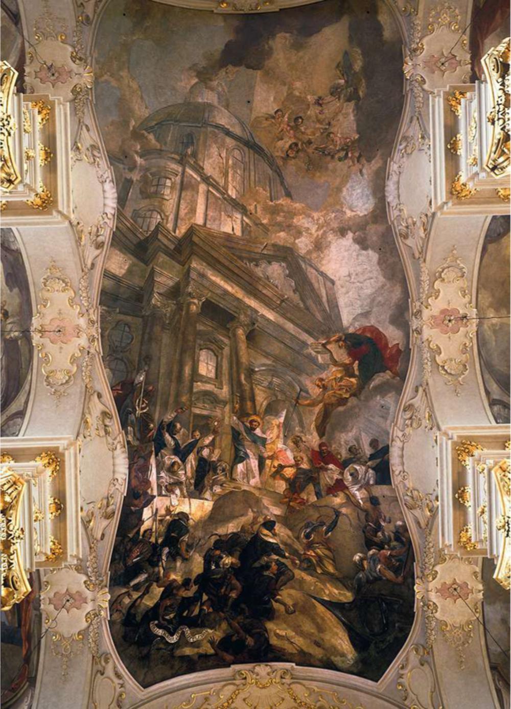 De dominicanen overwinnen de ketters. Barokke plafondschildering van Wenzel lorenz Reiner in de Praagse St. Egidiuskerk. In 1625 had keier Ferdinand II deze middeleeuwse kerk aan de bedelorde geschonken.