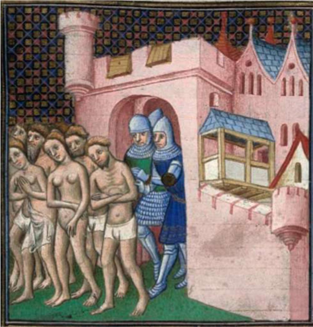 De verslagen katharen worden Carcassonne uitgejaagd, 1209. Tekening uit Grandes Chroniques de France uit het atelier van de Meester van Boucicaut.