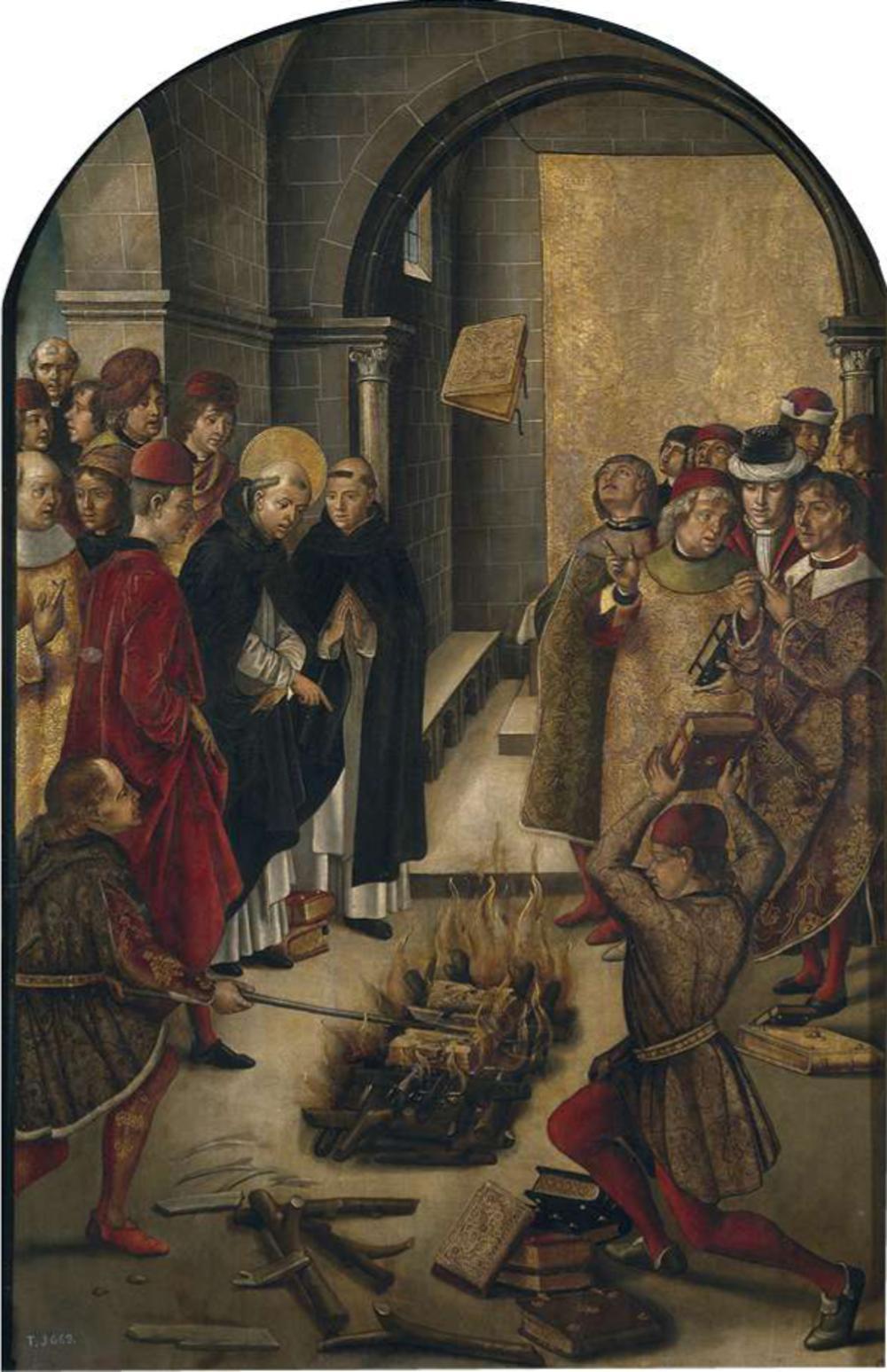 Dominicus de Guzmán discussieert met de katharen. Hun beider boeken worden in het vuur gegooid, maar dat van Dominicus wordt wonderbaarlijk door de vlammen gespaard. Schilderij van Pedro Berruguete eind 15de eeuw. (Prado)