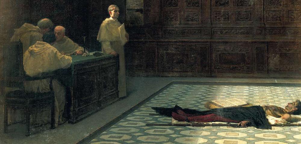 In 1884 schilderde Gioacchino Toma deze verhoorscène als aanklacht tegen de Inquisitie, die overigens de foltering in 1814 afschafte.