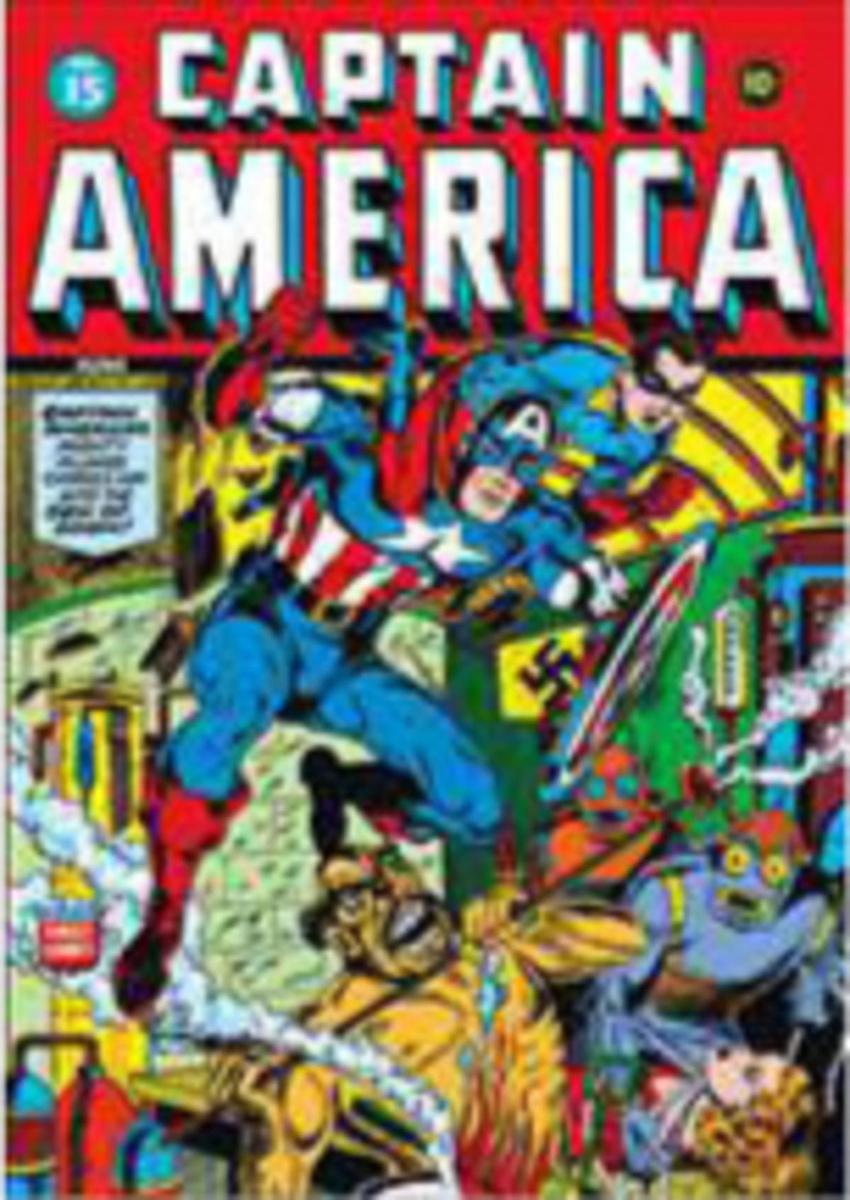 JOE SIMON en JACK KIRBY. Captain America. Timely Comics, 1941-1950. De superheld Captain America neemt het tot ca 1950 vooral op tegen nazi's en hun bondgenoten.