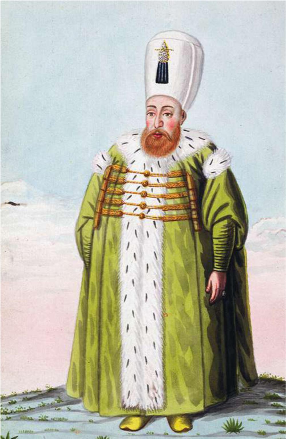 Postuum portret van Mustafa I uit 1808 door John Young, een Britse schilder (1755-1825), in een reeks portretten van de heersers over Turkije van de stichting van de monarchie tot 1815.