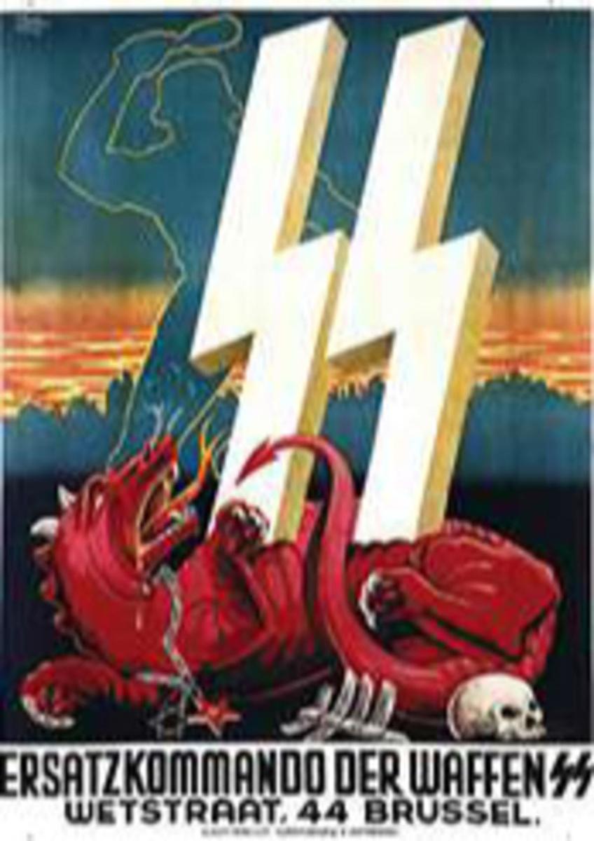 Juni 1941: Belgische propagandaposter voor antisemitische en anti-Bolsjevistische Waffen-SS.
