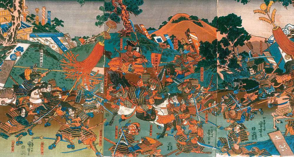 Krijgstafereel uit de Gempei-oorlog; de titanenstrijd tussen de Taira en de Minamoto is de Japanse versie van de Trojaanse Oorlog en inspireerde tal van dichters en schilders.