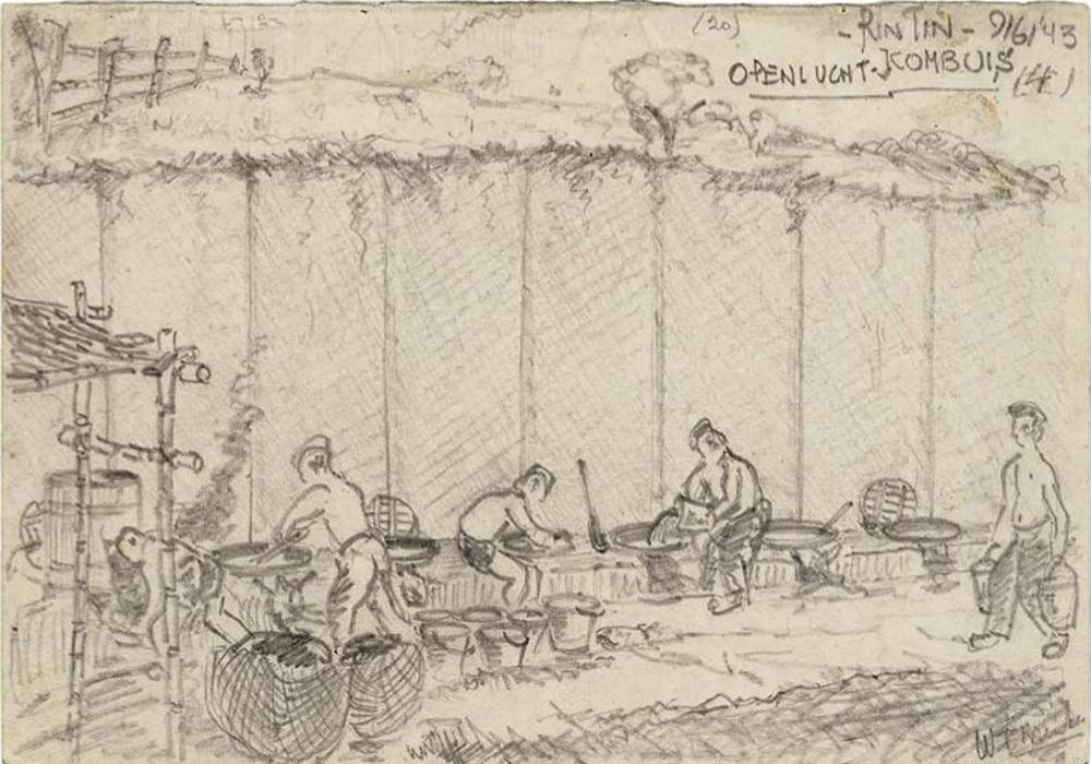 Krijgsgevangene W.F. Brinks maakte ter plekke een reeks tekeningen; hier de kookplaats in Kamp Rintin, 9 juni 1943. (Museon Den Haag)