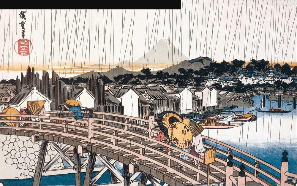 Brug in de regen, niet ver van Edo, reproductie van een ingekleurde houtsnede uit 1750.