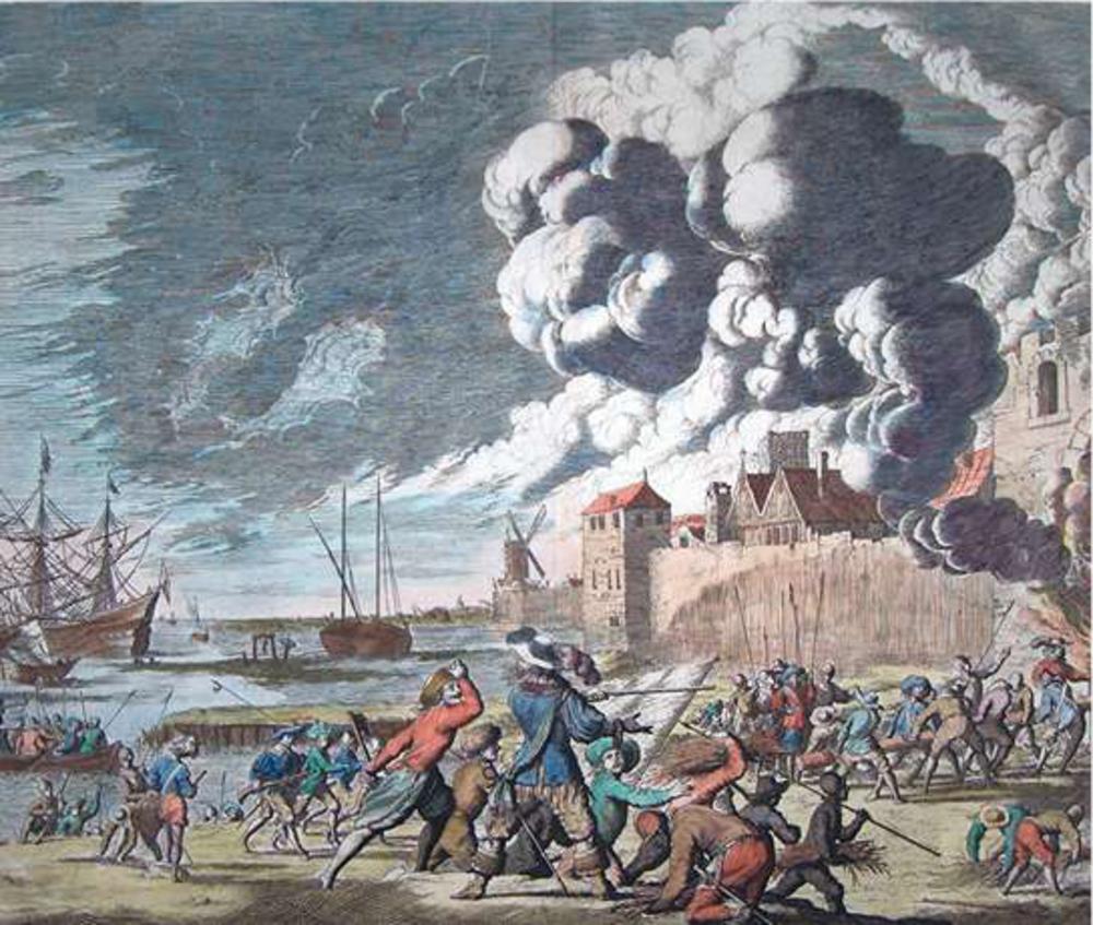De watergeuzen van Lumey stichten brand en rammen de stadspoort van Den Briel, 1 april 1572. Op de voorgrond stuurt Lumey, met staf op de rug gezien, zijn manschappen naar voren. Prent van Jan Luyken, 1681.
