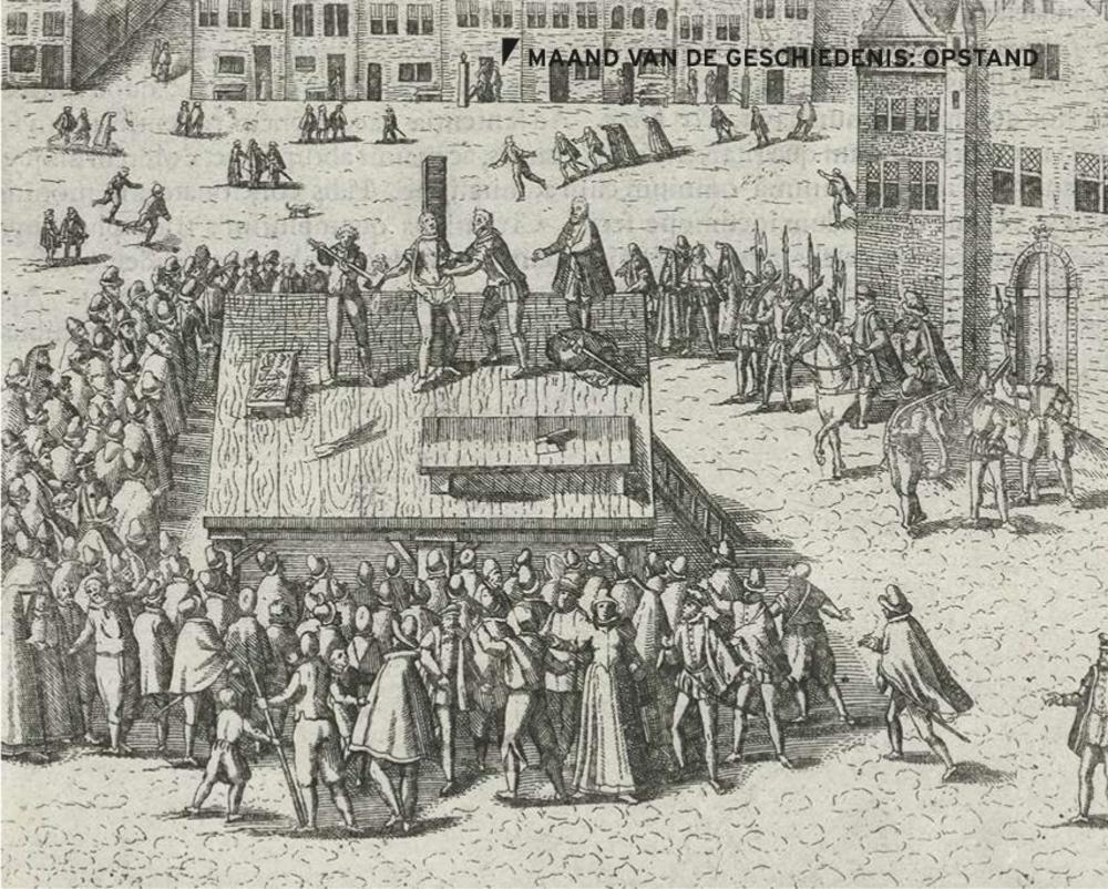 Marteling en executie van Balthasar Gerards, 14 juli 1584, op een schavot op de Grote Markt te Delft. Anoniem naar Frans Hogenberg, 1613-1615. (Rijksmuseum)