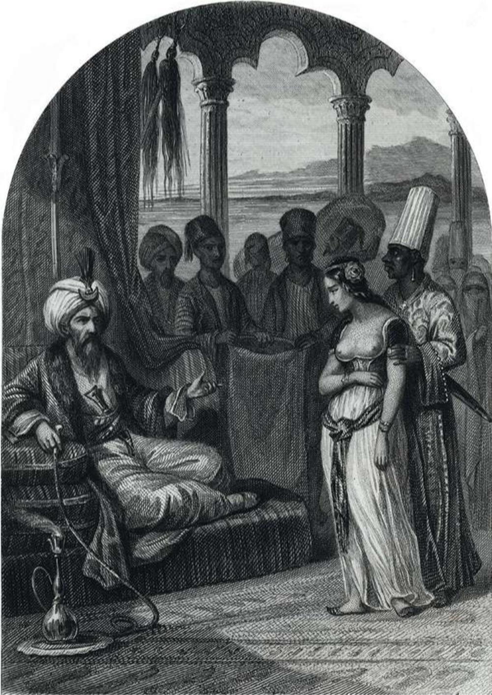 Sultan Mehmet III (1566-1603), Ottomaanse heerser, laat een van de vrouwen van zijn harem executeren is de titel van deze gravure uit het boek Les prisons de l'Europe van d'Alboize en Maquet uit 1845. Het sprookje van de slechte sultan is dan al wijd verspreid.