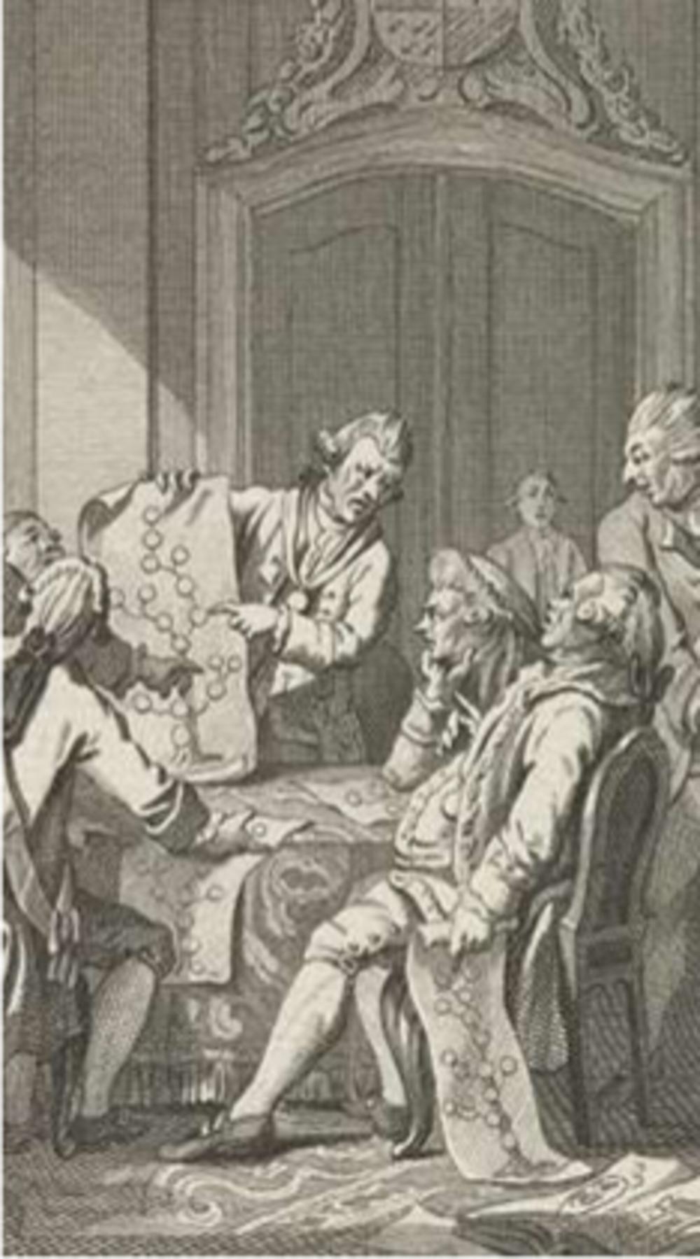 Mannen in gesprek over hun adellijke afstamming, prent naar een tekening van Jacobus Buys, 1777-1821. (Rijksmuseum Amsterdam)