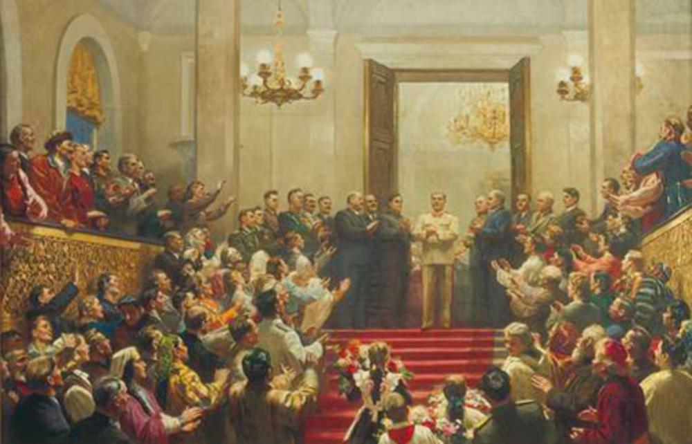 De glorie van 'de Grote Stalin' vastgelegd op een schilderij van Juri P. Kugatzh.