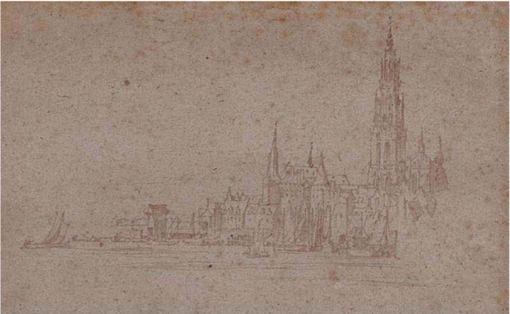 Gezicht op Antwerpen. Pentekening door Antoon van Dyck, 1632.