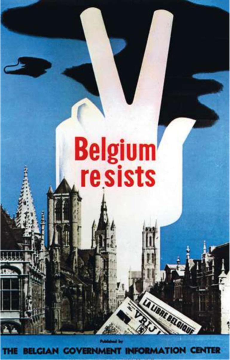 Poster van het Informatiecentrum van de Belgische overheid in New York uit 1944, met het V-teken en de boodschap Belgium Resists.