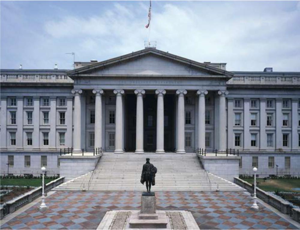 Ruiterstandbeeld van Alexander Hamilton, de 'vader van Wall Street', voor het ministerie van Financiën in Washington.