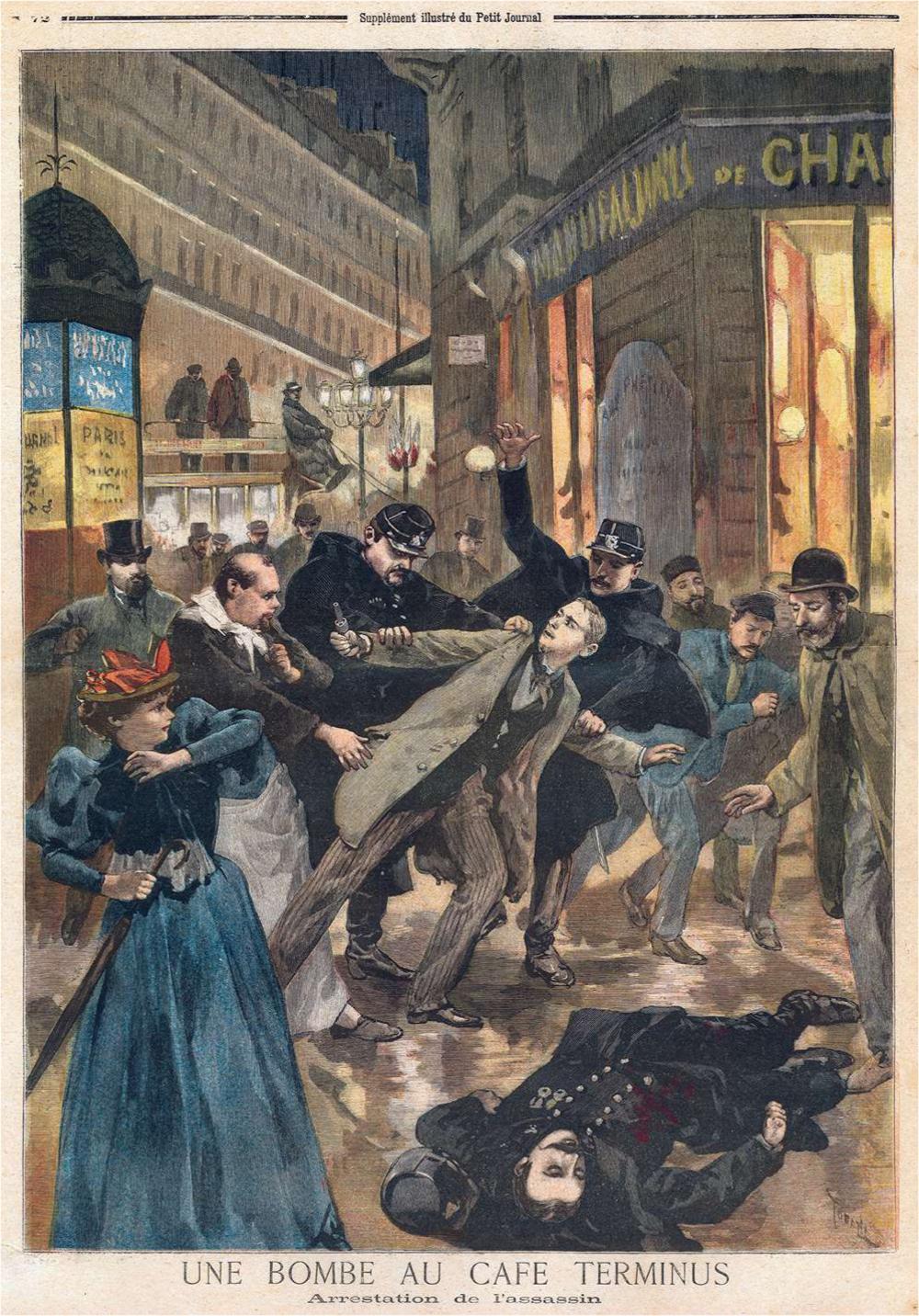 De aanslag op Café Terminus in Parijs uit 1894. De dader Emile Henry wordt gearresteerd. 