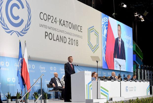 De Poolse president Andrzej Duda gaf de openingstoespraak op de klimaattop in Katowice.