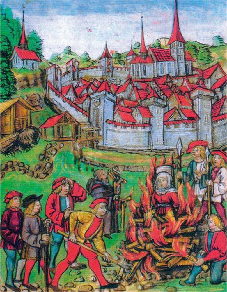 Wreed lot De tijd van de heksen-waan begint pas aan het eind van de Middeleeuwen. Op deze boekschildering uit 1513 zien we hoe 'hostiedievegge' Anna Vögtlin in 1447 buiten de Zwitserse stad Willisau als heks op de brandstapel gebracht wordt.