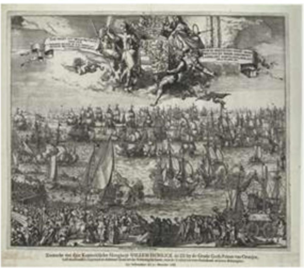 Vlootschouw bij het vertrek van Willem III vanuit Hellevoetsluis naar Engeland, 11 november 1688. Een menigte mensen op de kade zwaait de prins uit die in een pink naar het schip zeilt dat hem naar Engeland zal brengen. Romeyn de Hooghe, 1688. (Rijksmuseum Amsterdam)