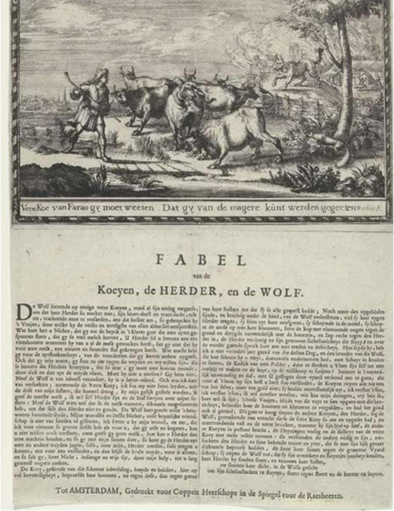 Allegorie op de onenigheid tussen Amsterdam en Willem III in de vorm van een fabel. De herder (Willem III) probeert de zevende koe bij de rest van de kudde te houden om zich tegen de wolf (Frankrijk) te kunnen verdedigen. Een vos jaagt de koeien op. Romeyn de Hooghe, 1684. (Rijksmuseum Amsterdam)