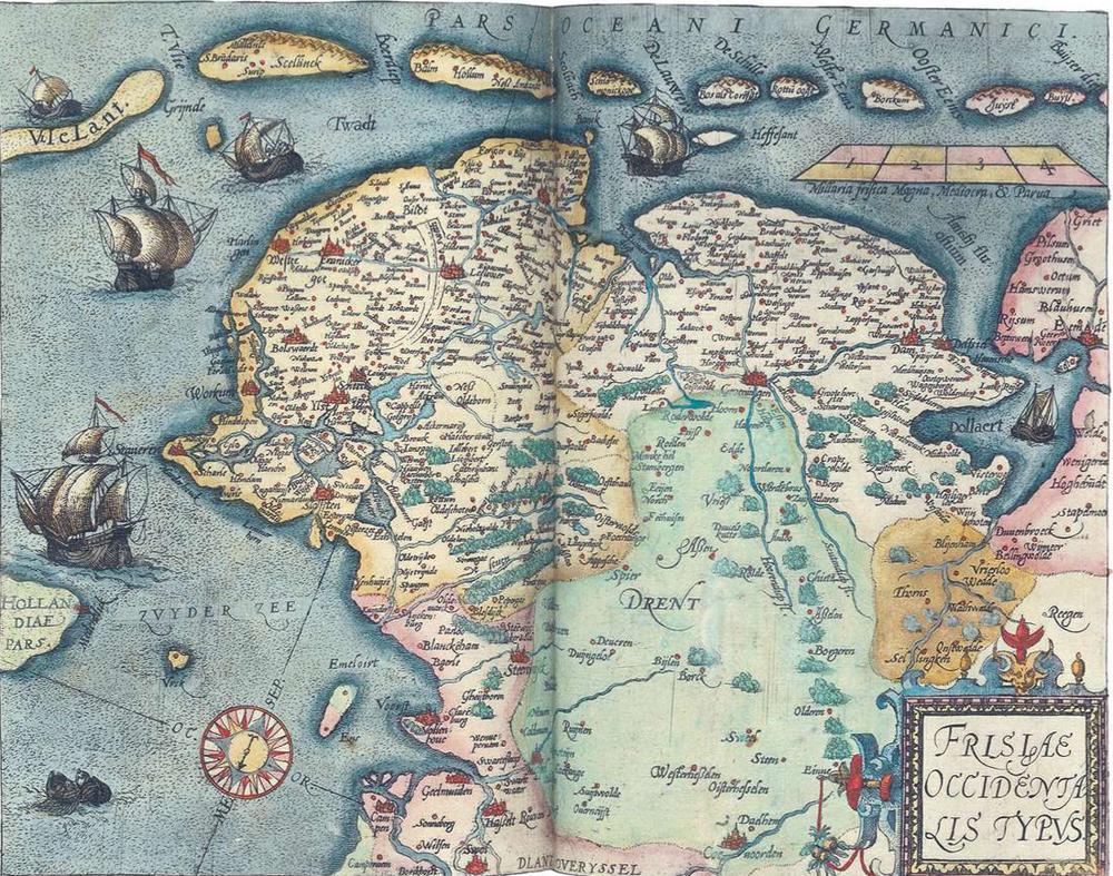 Lodovico Guicciardini, Frisiae occidentalis typus (kaart van West-Friesland), 1582. Guicciardini was als jonge edelman naar Antwerpen in de leer gestuurd. Het beviel hem kennelijk, want hij keerde niet terug. Van hem is de eerste volledige beschrijving van de Nederlanden, veel vertaald en veel herdrukt. (Kon. Bibliotheek)