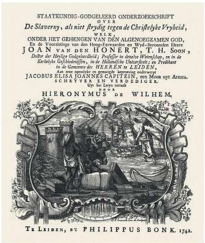 Titelpagina van de Nederlandse vertaling van het proefschrift van Jacobus Capitein, 1742
