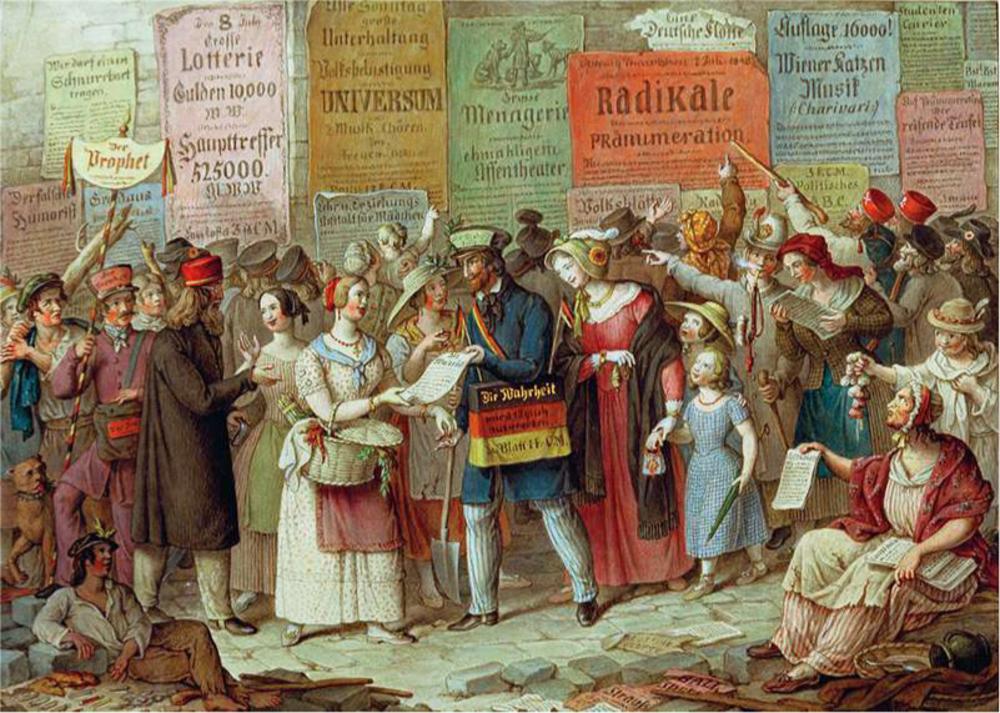Toen met de revoluties van 1848 de censuur en de dagbladbelasting wegvielen, stortte de enorme leeshonger van de bevolking zich op de vloed aan blaadjes, kranten en pamfletten. Aquarel De verkoop van de waarheid, door Johann Nepomuk Höfer.