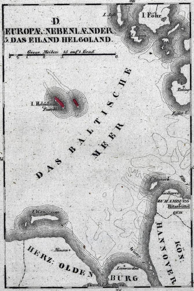 Kaart van Helgoland uit 1807. Op dit eiland ten westen van Denemarken bouwden de Britten enorme overslagplaatsen, waar tonnen goederen op clandestien vervoer naar het vasteland lagen te wachten.