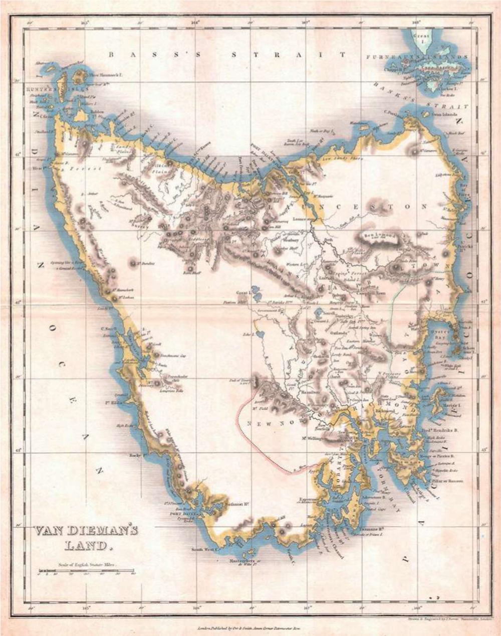 Kaart van Tasmanië uit 1837 (toen nog Van Diemensland) gemaakt door John Dower.