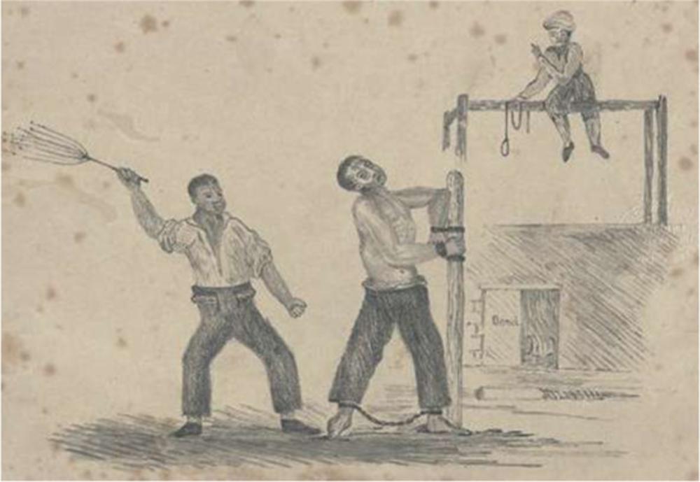 Een gevangene op Tasmanië wordt gegeseld. Tekening van James Reid Scott uit ca. 1850.