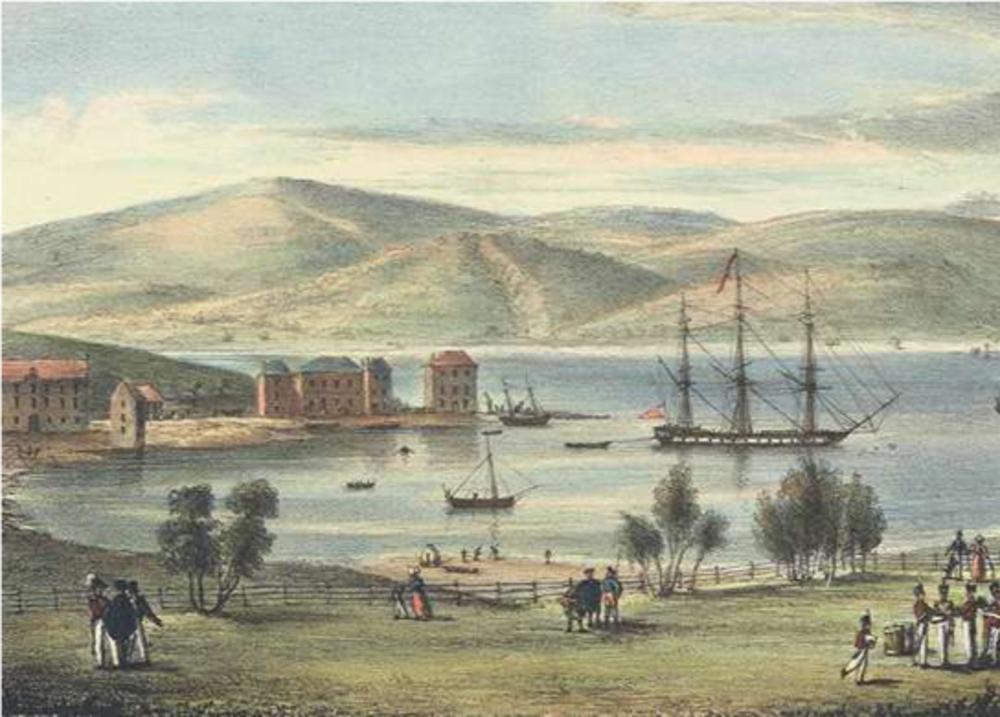 Hobarton (Hobart Town) de hoofdstad van Tasmanië, op een litho naar John Orde Ommanney, uit 1833 in The voyage from Calcutta to Van Diemen's Land.