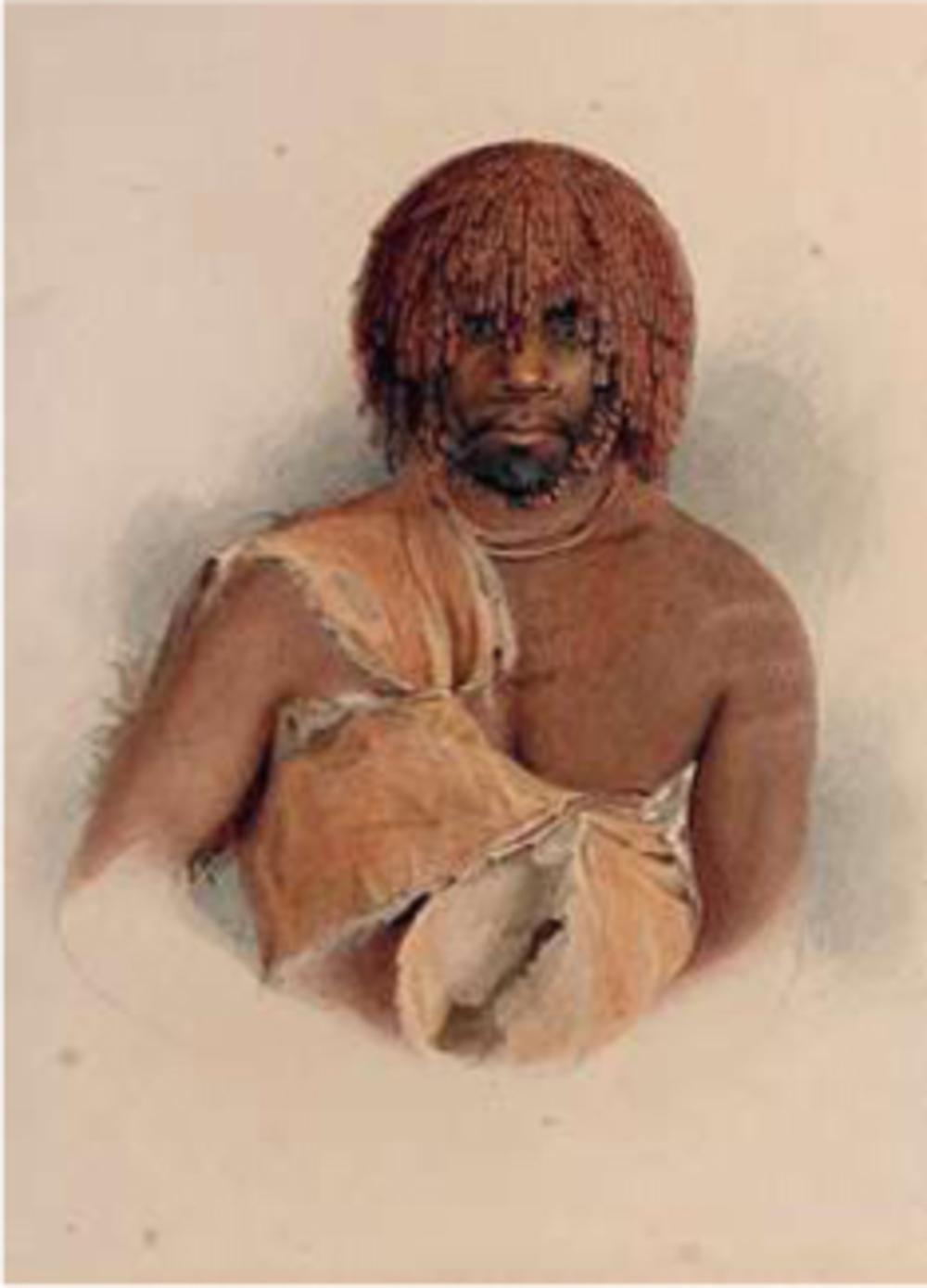 De Aboriginal Woureddy. Aquarel van Thomas Bock uit 1837. (Art Gallery of South Australia, Adelaide)