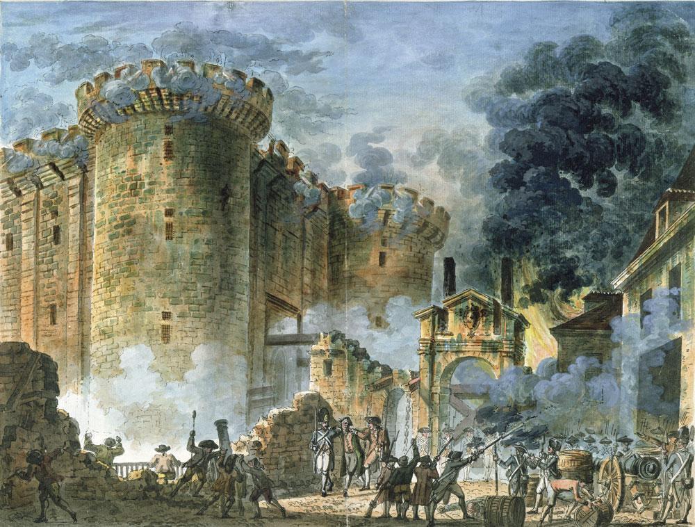 Jean-Pierre Houel. De inname van de Bastille, 1789. Op 14 juli 1789 bestormden opstandige Parijzenaars de Bastille, het symbool van feodale macht in Frankrijk. De Revolutie was een feit.