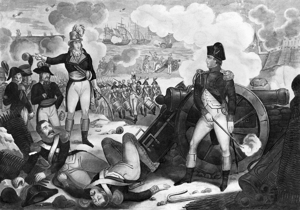 Napoleon en politicus Paul Barras bij de belegering van Toulon. De herovering van de Zuid-Franse stad was zijn eerste militaire overwinning.