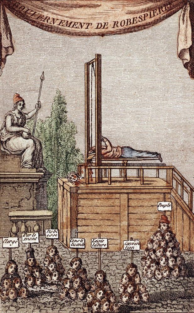 Spotprent over de Terreur van Robespierre en zijn geliefkoosde guillotine. Nadat hij aan de macht was gekomen, werden in enkele maanden tijd 16.700 mensen onthoofd.