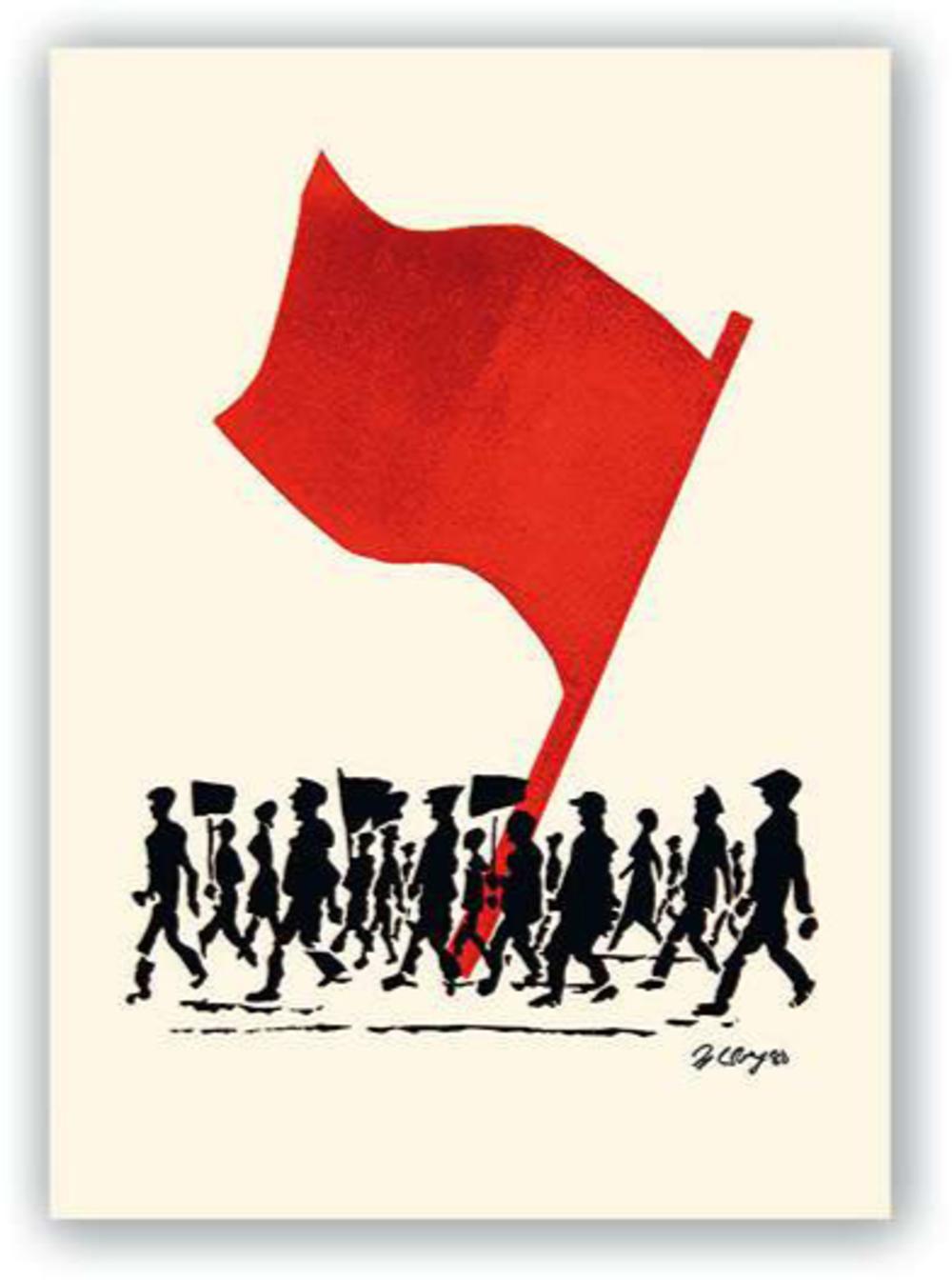 Pakkende geschiedenis Manifest-illustratie van de DDR-kunstenaar Herbert Sandberg, 1980.