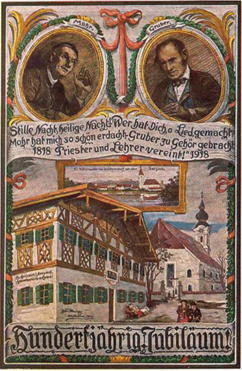 Ansichtkaart uitgegeven ter gelegenheid van het honderdjarig jubileum van Stille Nacht in 1918.