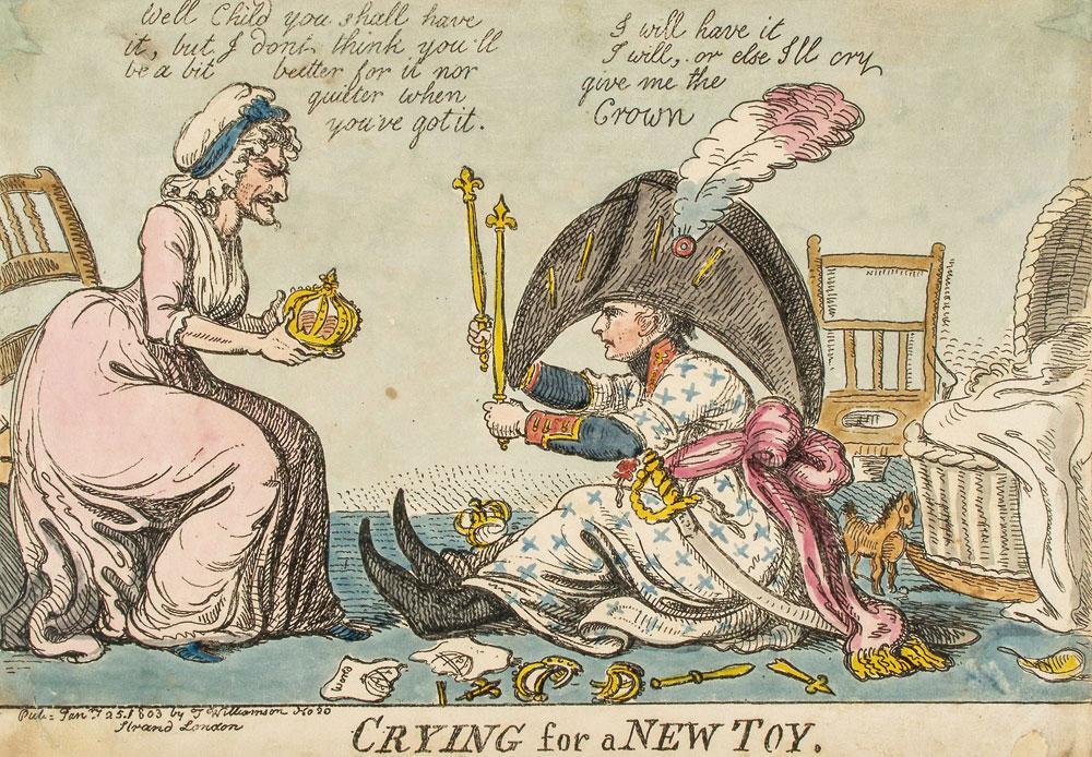 Isaac Cruikshank, Crying for a New Toy, 1803. De visie van de Britten op het keizerschap van Napoleon zou in hoge mate zijn imago bij de volgende generaties bepalen.