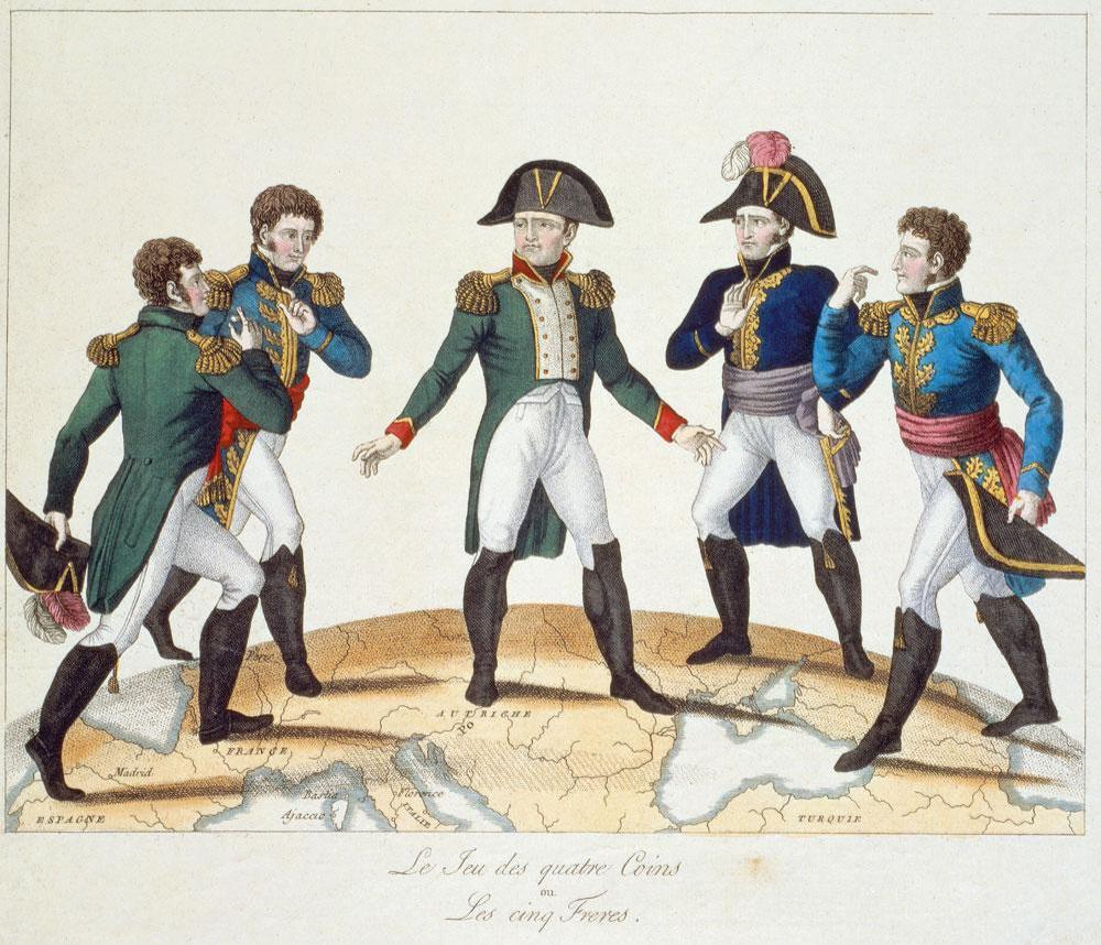 Napoleon en zijn broers, die elk een stukje van het keizerrijk onder hun hoede kregen.
